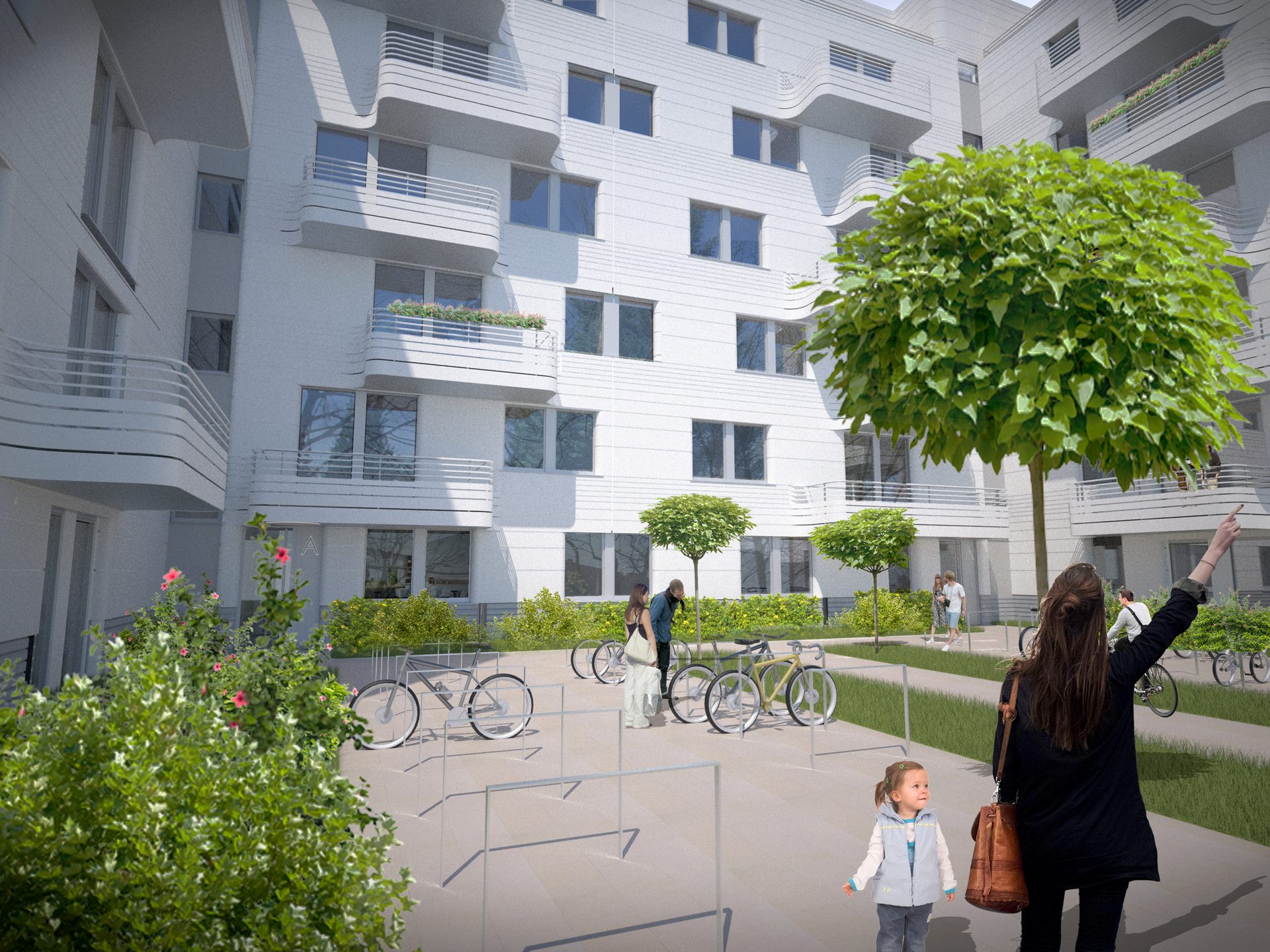 Visualisierung eines Wohnhofs, heller Neubau mit geschwungenen Balkonbrüstungen, Fahrradbügel und junge Bäume, Bewohnerinnen und Bewohner auf dem Weg durch den Hof