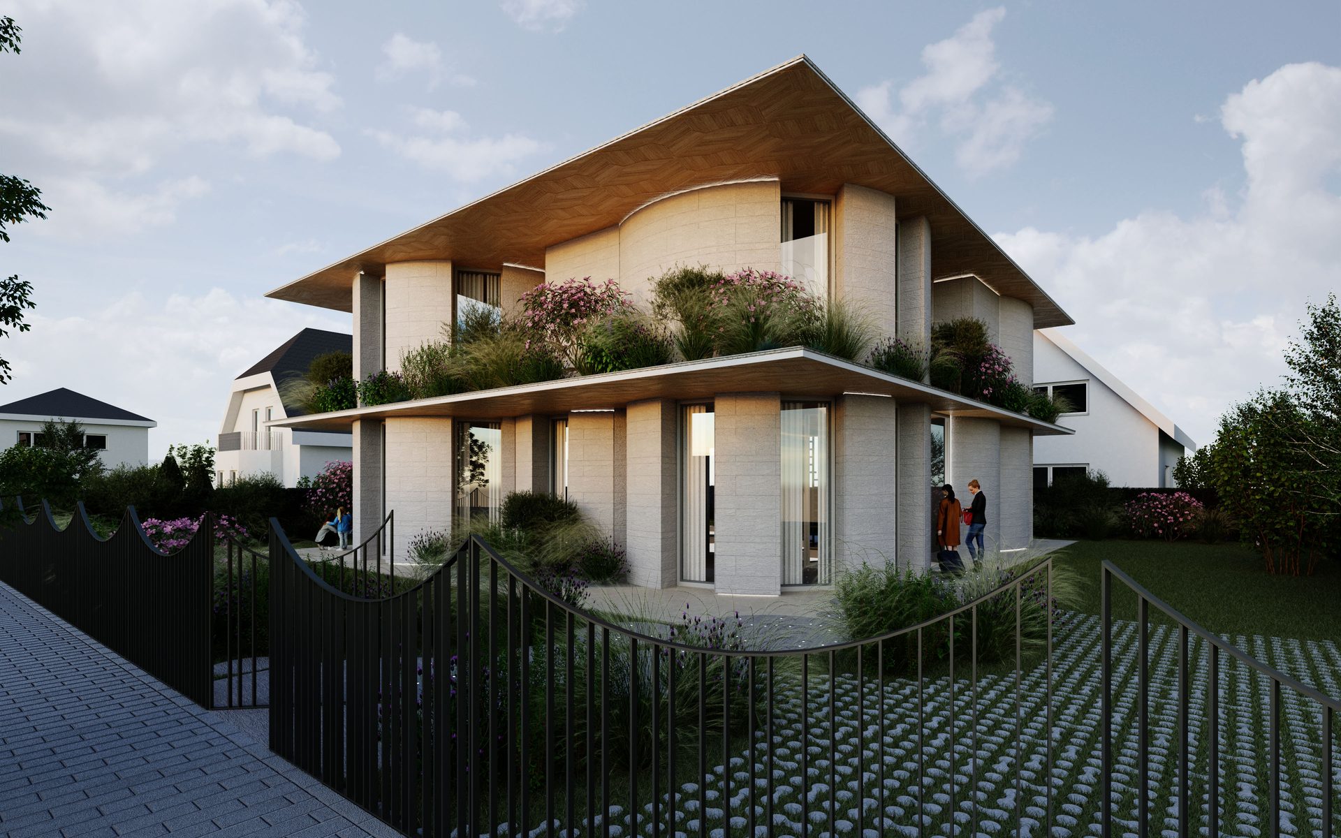 Visualisierung eines zweigeschossigen Hauses mit weit auskragenden Dächern und holzverkleideter Untersicht, Stützen aus Stampfbeton und dicht bepflanzten Terrassen hinter einem schmiedeeisernen Zaun